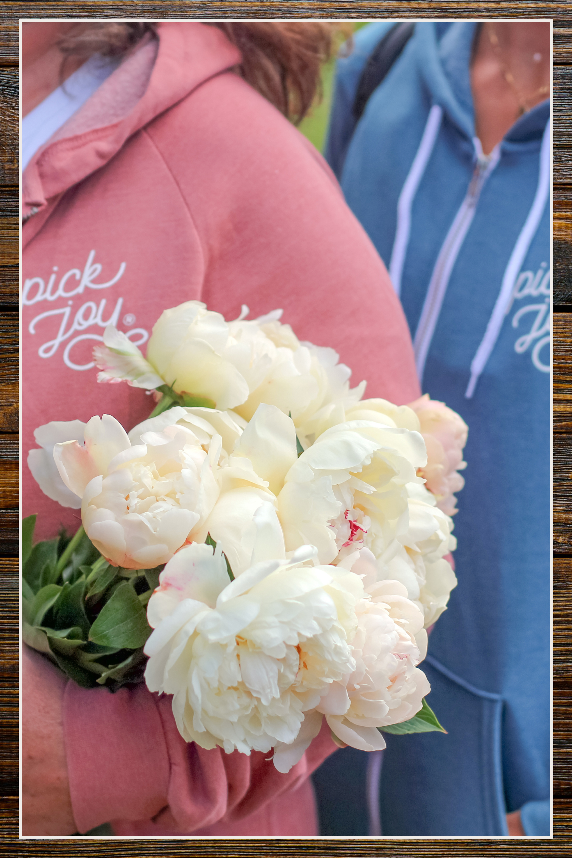 Women in branded sweatshirts holding white peonies | Alaska Beauty Peony Cooperative | Homer, AK